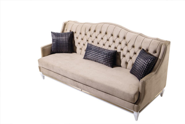 Beige Chesterfield driezits Luxe textielbank Designer stoffen bankstellen