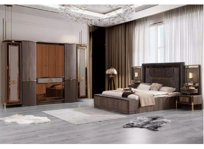 Volledige tweepersoons slaapkamerkast bed set 5-delig grijs stof