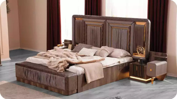 Volledige slaapkamer meubels Luxe bed set 4-delig Tweepersoonsbed Beige Stof