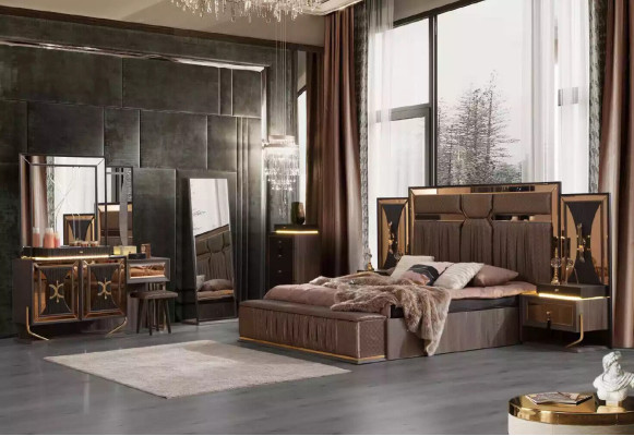 Compleet set bed Beige 7-delig Slaapkamer tweepersoonsbed Stof Nachtkastjes