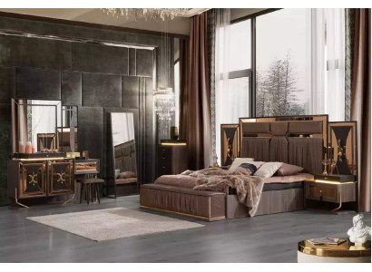 Compleet set bed Beige 7-delig Slaapkamer tweepersoonsbed Stof Nachtkastjes