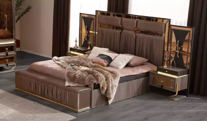 Compleet set bed Beige 7-delig Slaapkamer tweepersoonsbed Stof Nachtkastjes