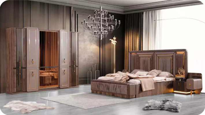 Volledige slaapkamer meubels Luxe bed set 4-delig Tweepersoonsbed Beige Stof