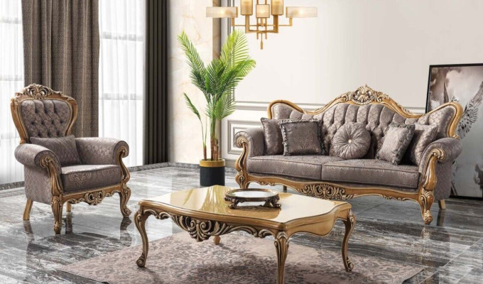 Chesterfield bankstel driezits fauteuil stof salontafel grijs bank  Chesterfield bankstel driezits fauteuil stof salontafel grijze bank