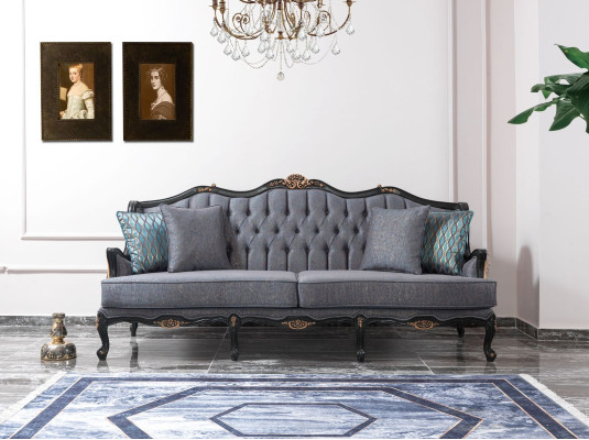 Chesterfield bankstel Driezits Fauteuil Stof Salontafel Blauw Nieuw  Chesterfield bankstel Driezits Fauteuil Stof Salontafel Blauw Nieuw