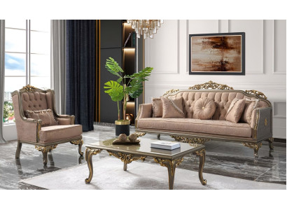 Chesterfield bankstel driezits fauteuil stof salontafel beige nieuw Chesterfield bankstel driezits fauteuil stof salontafel beige nieuw