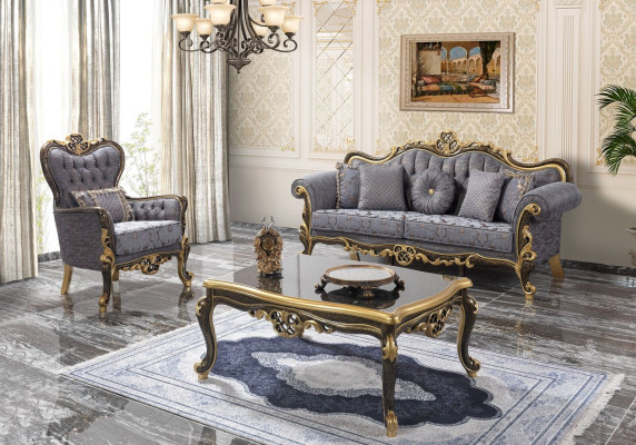 Bankstel Chesterfield gestoffeerde bank Blauwe bank Driezitter Fauteuil Set