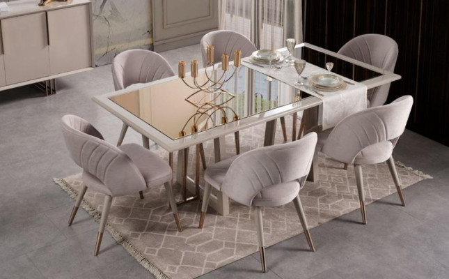 Luxe eethoek eetgroep eetkamer eettafel stoelen beige hout set 8-delig