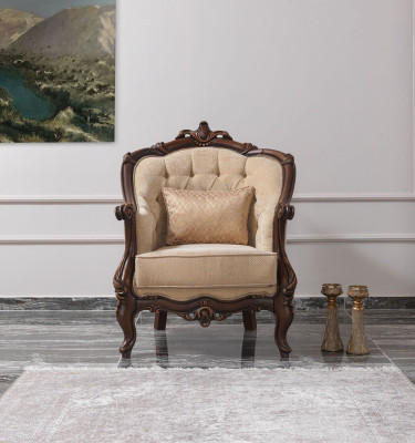 Fauteuil Oorfauteuil Zits Stof Beige Polyester Hout Woonkamer Barok