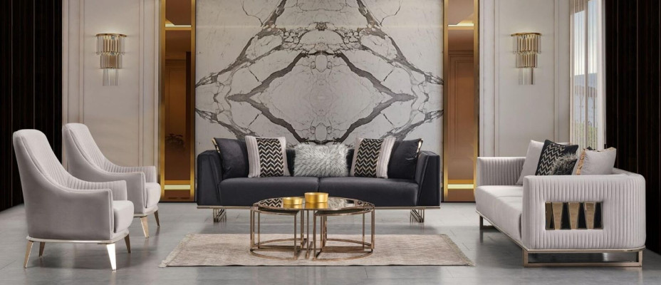 Bankstel bankstel driezits fauteuil grijs stoffen bankstel set 4 delig