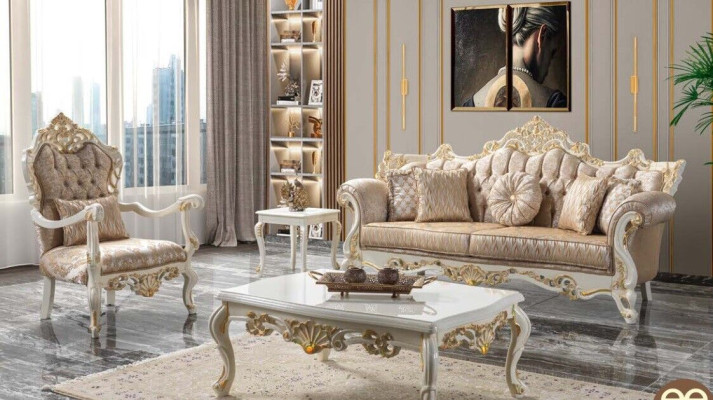 Luxe bankstel set Gestoffeerde bank Chesterfield stoffen bank Beige