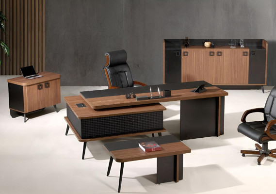 Complete kantoor kantoormeubilair bureau kantoortafel set 4-delig hout bruin
