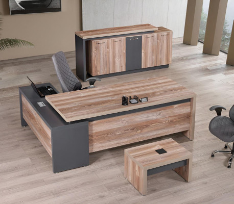 Klassieke complete kantoormeubelen hoekbureautafel 3-delig hout grijs