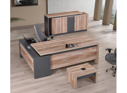 Klassieke complete kantoormeubelen hoekbureautafel 3-delig hout grijs