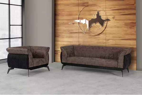 Bruine bankstel driezitter fauteuil kantoormeubelen bankstel set 2-delig.