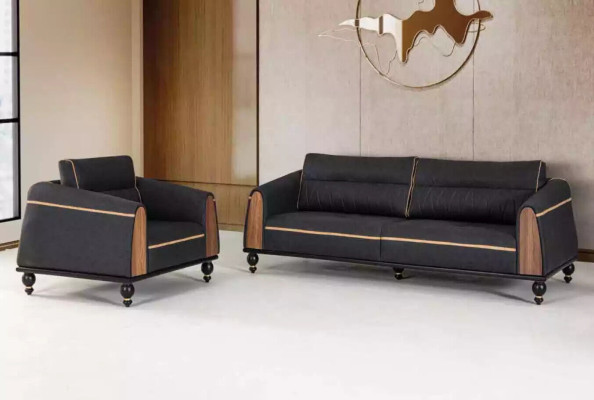 Zwarte bankstellen set moderne meubelstuk driezitter fauteuil stoffen meubels 2-delig.