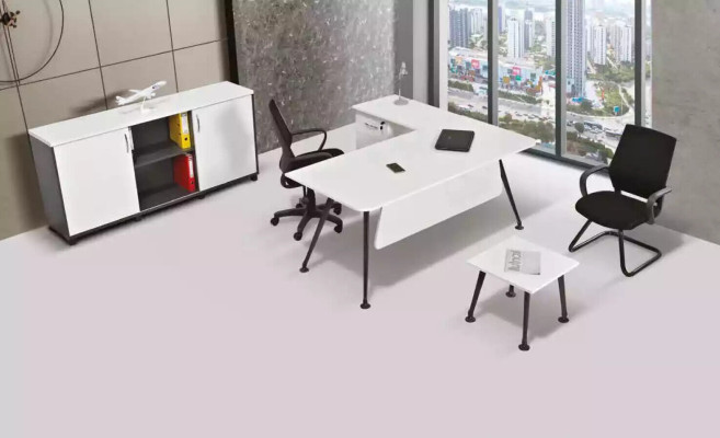 Witte hoekbureau werkkamermeubilair kantoorkast salontafel tafel 3 delig
