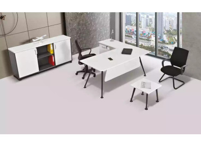 Witte hoekbureau werkkamermeubilair kantoorkast salontafel tafel 3 delig