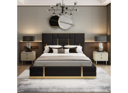 Zwarte slaapkamer bed ontwerper hout tweepersoonsbed luxe roestvrijstalen bed