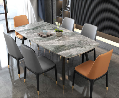 Luxe eettafel met 6 design kunstlederen stoelen, stijlvolle eetgroep.