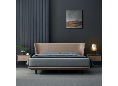 Beige kunstleren slaapkamer tweepersoonsbed met houten frameontwerp.