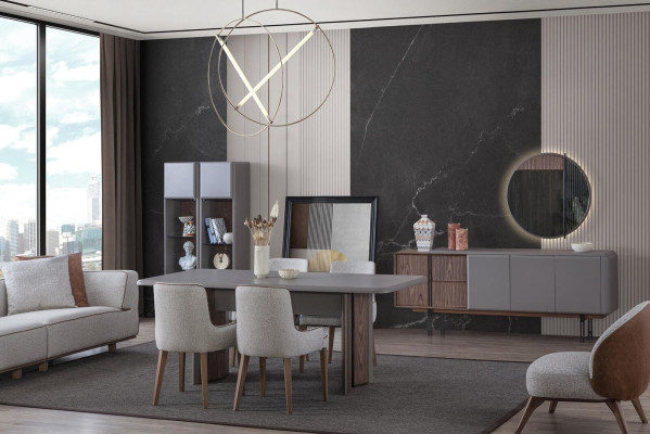 Eetservice bestaat uit eettafel, 4 stoelen en dressoir met spiegel 7-delig.