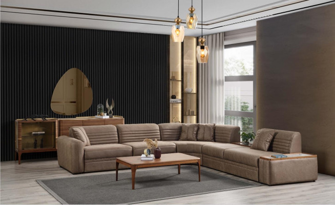Bank hoekbank bank kunstleer bruin gestoffeerde bank woonkamer leren bank