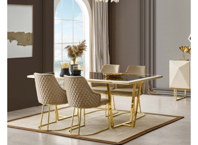 Moderne eetgroep Luxe eethoek Eettafel Eettafel Stoelen 7-delig Beige Gouden Set
