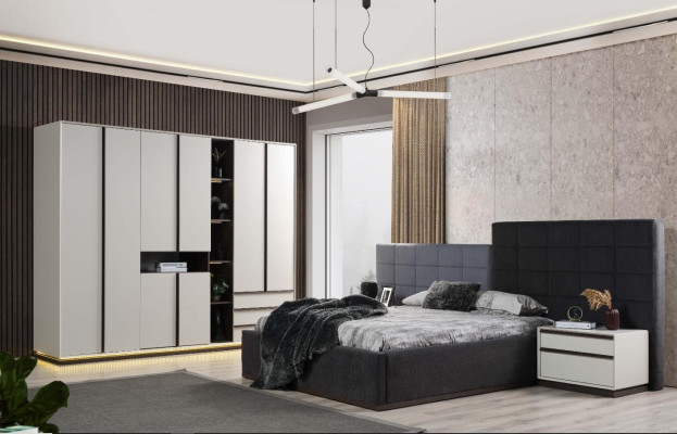Slaapkamerbed set tweepersoonsbed bed nachtkastjes 3-delig grijs modern