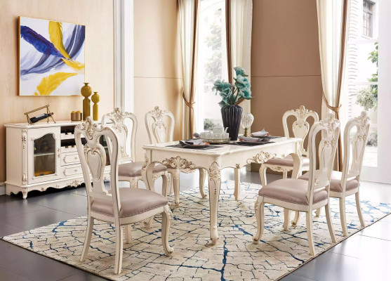 Eetkamerset meubels voor uw interieur, parelwitte klassieke meubels van 8 stuks.