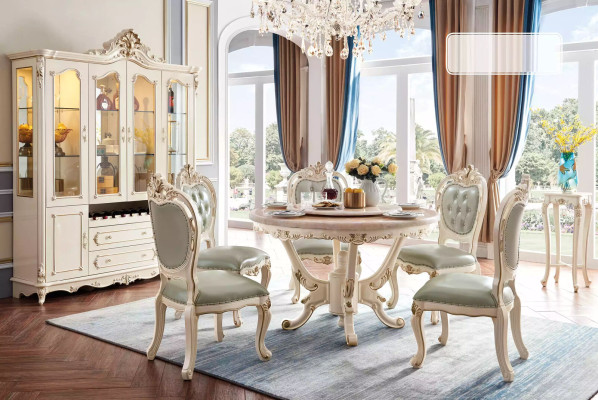 Parelwit eetkamer set Eettafel 6x Stoelen Vitrine 8-delige luxe set