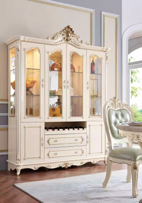 Parelwit eetkamer set Eettafel 6x Stoelen Vitrine 8-delige luxe set