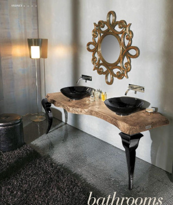 Dubbele wastafelconsoles met ronde wasbakken, luxe badkamermeubels uit Italië.