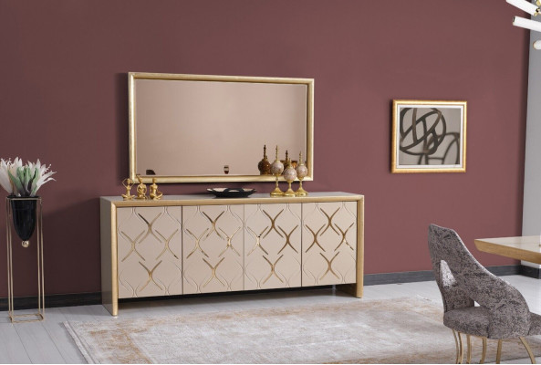 Eetkamer set dressoir met spiegel Luxe dressoir hout beige 2-delig