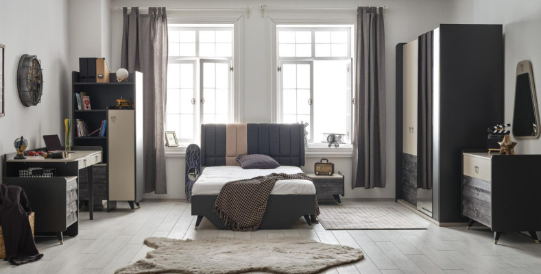 Luxe grijze slaapkamer set kinderkamer jeugdkamer 7 delig bed