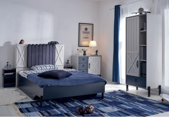 Luxe Modern Blau Slaapkamer Set Bed Commode Boekenkast Hout Nieuw 3-delig