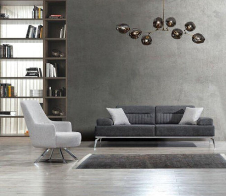 Woonkamerset 2-delig. 3-zitsbank 1-zits fauteuil Grijs Wit Textiel Materiaal.