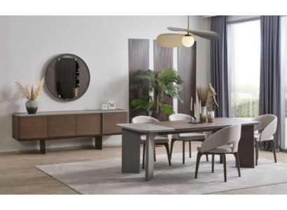 Grote eetkamerset, design eettafel, 4 stoelen, dressoir, spiegel