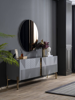 Zwarte eetkamerset Designer dressoir Luxe ronde spiegel 2-delig