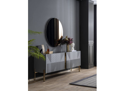 Zwarte eetkamerset Designer dressoir Luxe ronde spiegel 2-delig