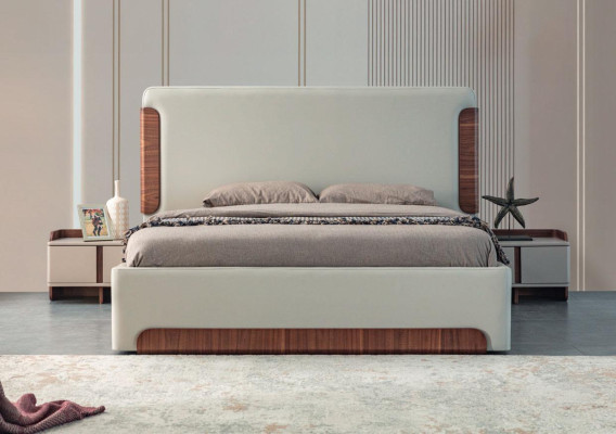Elegante slaapkamermeubels, luxe gestoffeerd bed, ontwerper kledingkast.