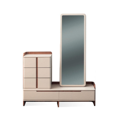 Stijlvolle Beige Slaapkamermeubels Gevoerd Tweepersoonsbed Kaptafel 5-delig