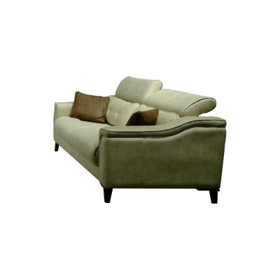 Beige woonkamer driezits lederen driezits gestoffeerde bank met houten frame.