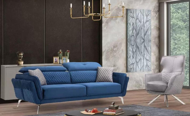 Blauw textiel bank Moderne woonkamer Driezits Luxe 3-zitsbank