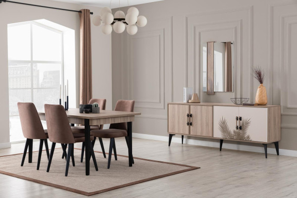 Bruine eetkamerset luxe eettafel 4 stoelen dressoir spiegel