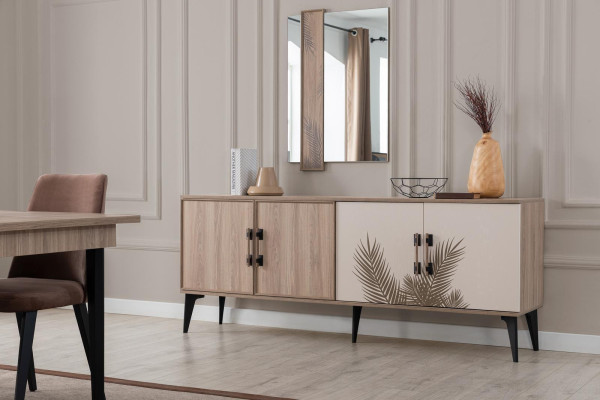 Bruine eetkamerset luxe eettafel 4 stoelen dressoir spiegel