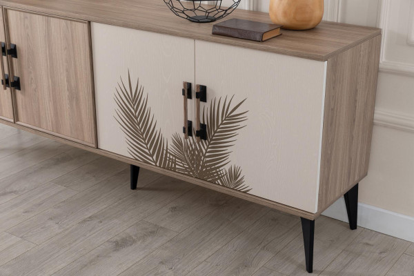 Bruine eetkamerset luxe eettafel 4 stoelen dressoir spiegel