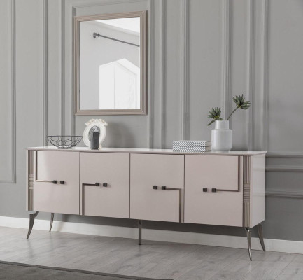 Moderne eetkamerset met design dressoir met 4 deuren, luxe spiegel, 2-delig.