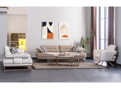 Stijlvolle woonkamer zithoek, gestoffeerd, 2x driezitsbanken, fauteuil.