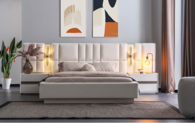 Exclusieve slaapkamer meubels Ontwerper Textielbed 2 houten nachtkastjes